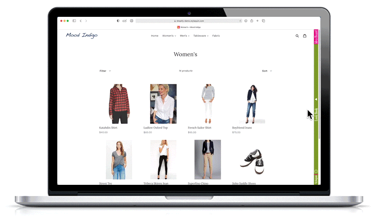 Animated gif showing a laptop that displays Stylaquin's Look Book Feature